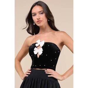 Lulus Exceptional Charmer Black Velvet Bow Crop Top - Size S